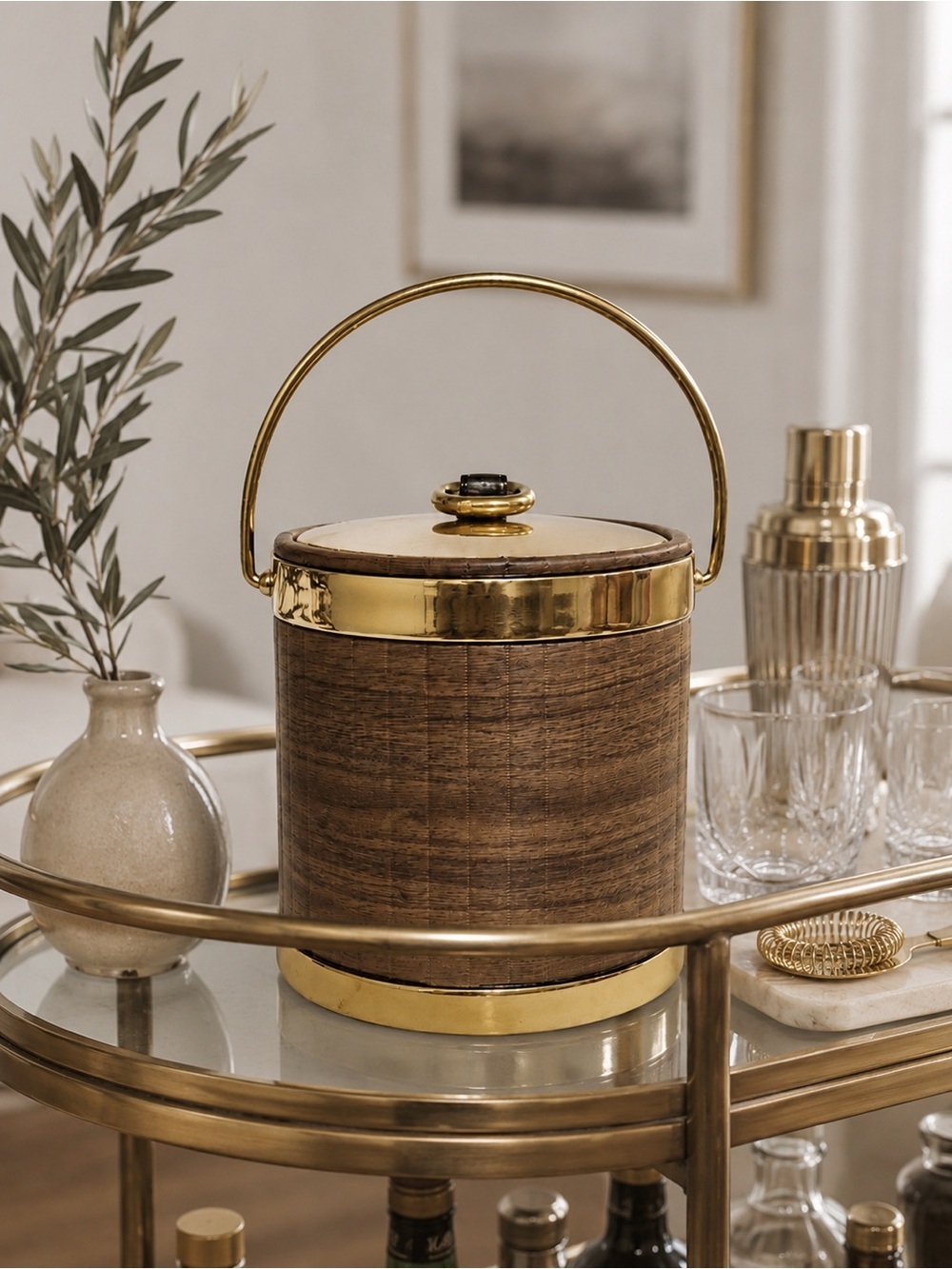 Vintage Round Straw & Brass Ice Bucket